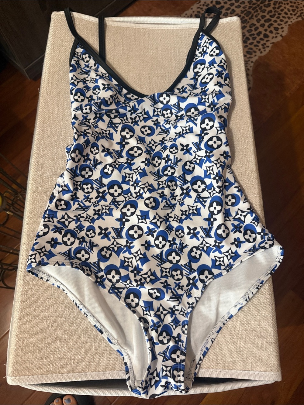 Blue and White Monogram One-Piece Swimsuit with Black Straps & Open Back